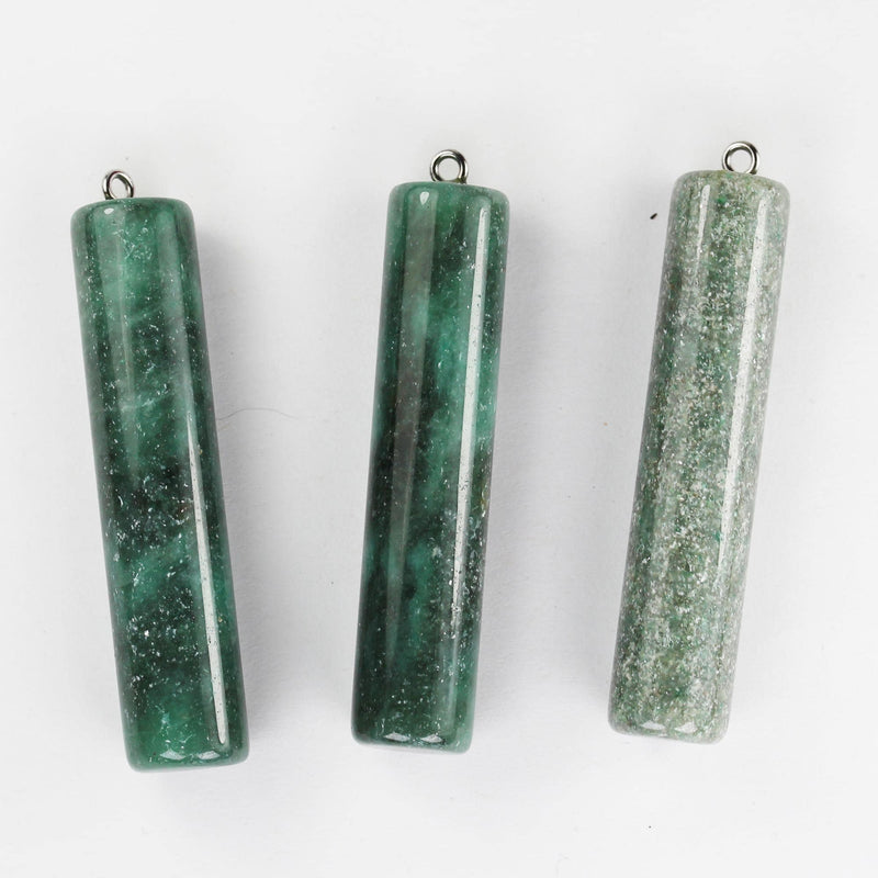 1pc 12*55mm Tube Green Aventurine Gemstone Pendant with Silver plated Loop